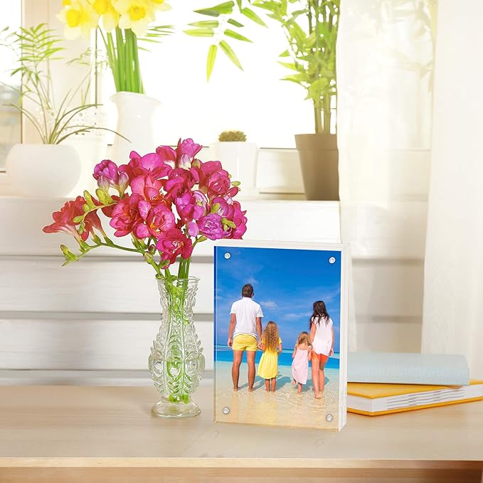 Meetu Acrylic 4x4 Picture Frame Clear Two Sided Desk Photo Frame Magnetic Fra...