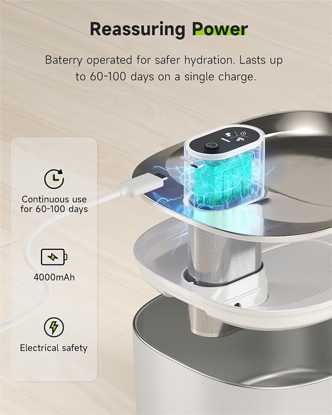Cat Water Fountain Stainless Steel, 152oz/4L Wireless Pet Fountain Battery