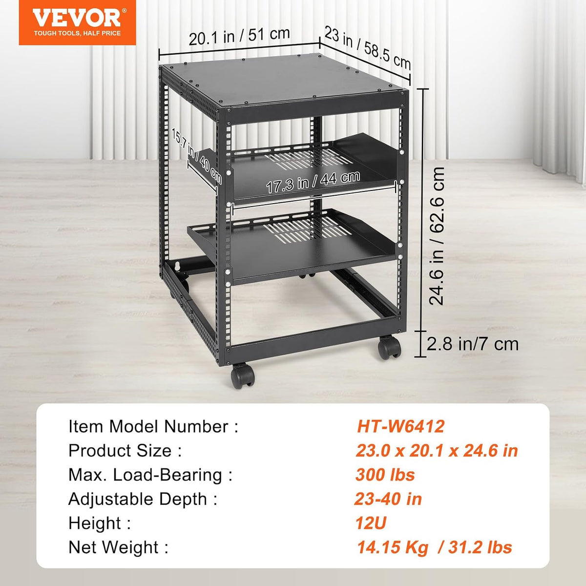 VEVOR 12U Open Frame Server Rack, 23-40 in Adjustable Depth, Free Standing or...