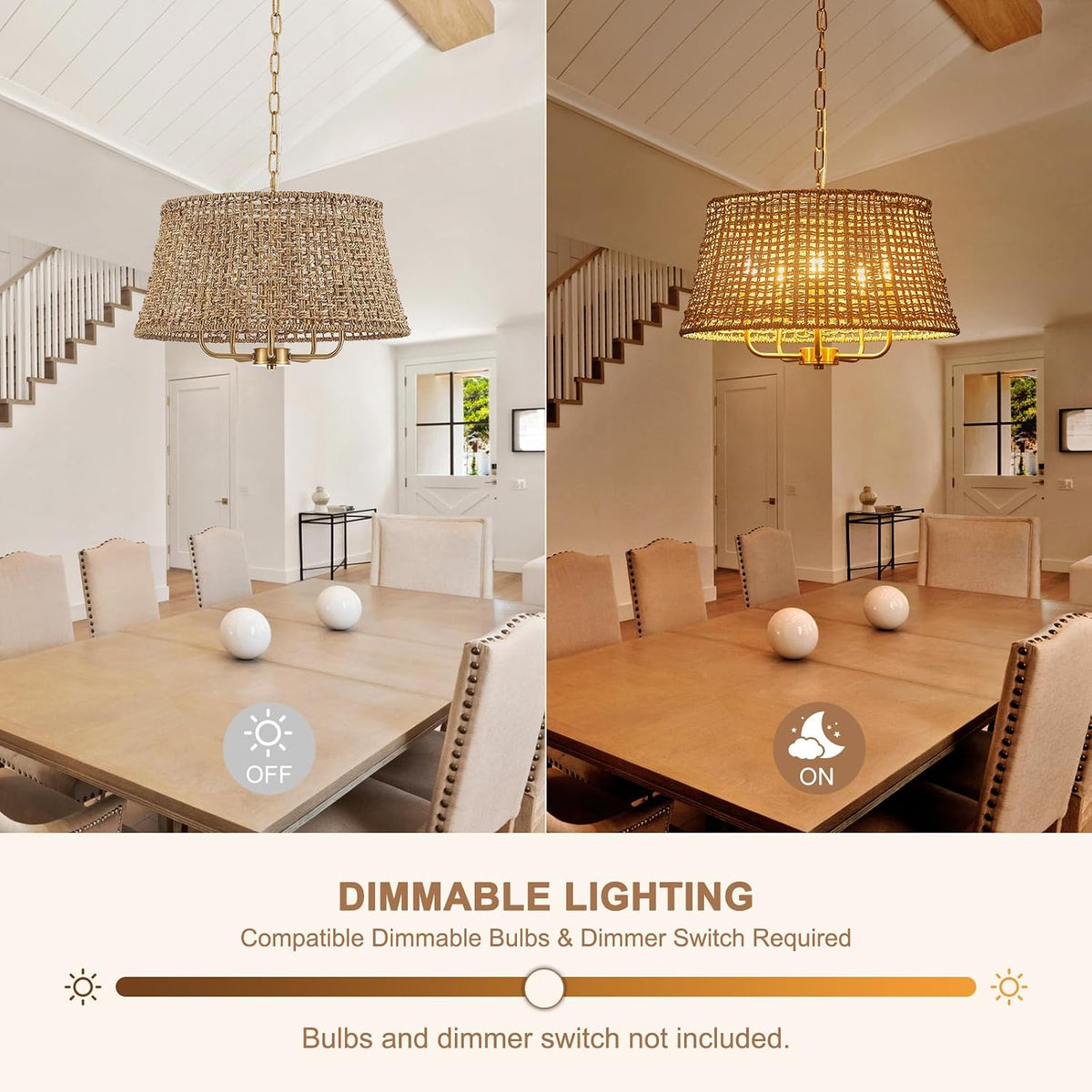 19.7" Boho Rattan Chandelier, 5-Light Gold Wicker Light Fixture