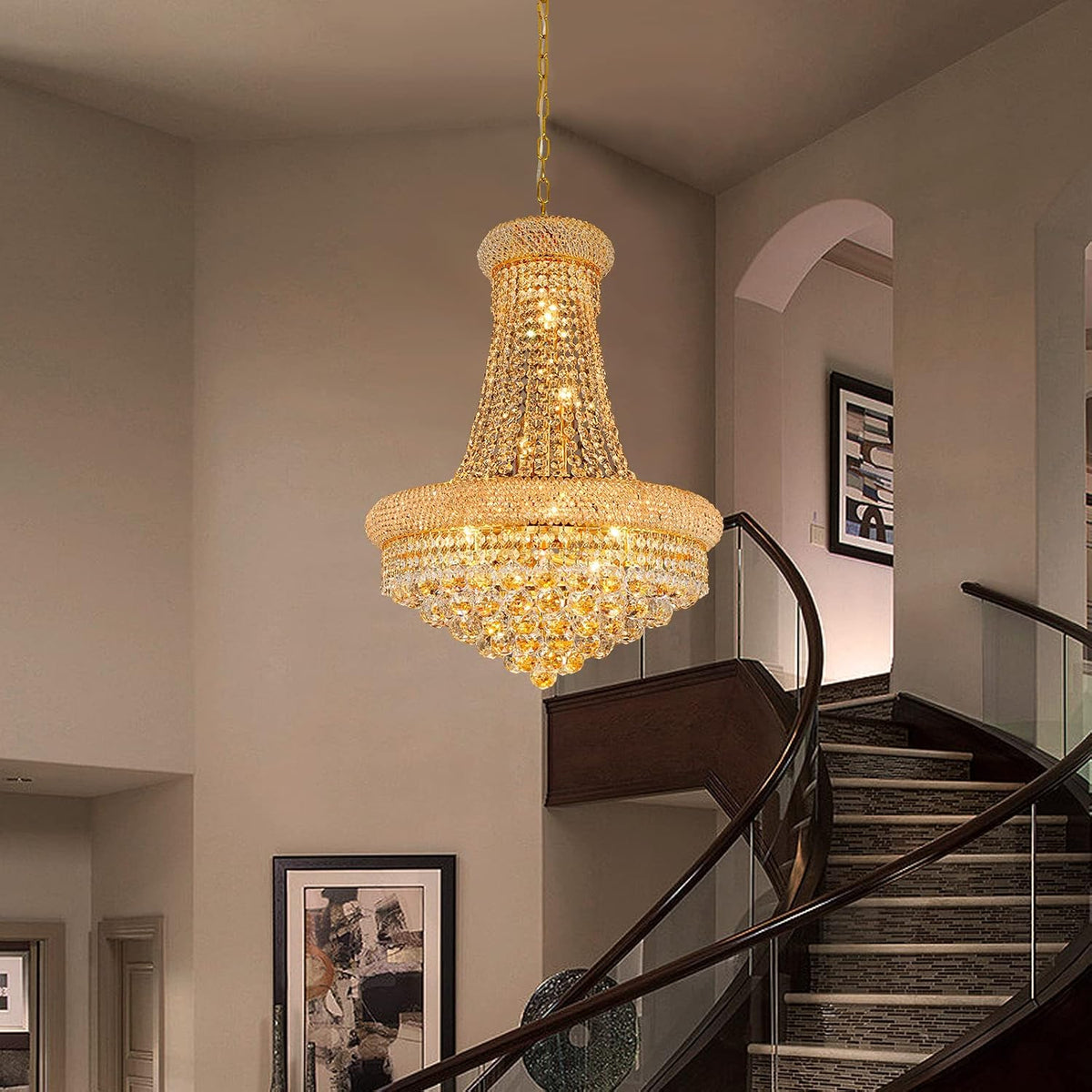 Gold Crystal Chandeliers for Dining Room，12-Lights D22 Inch