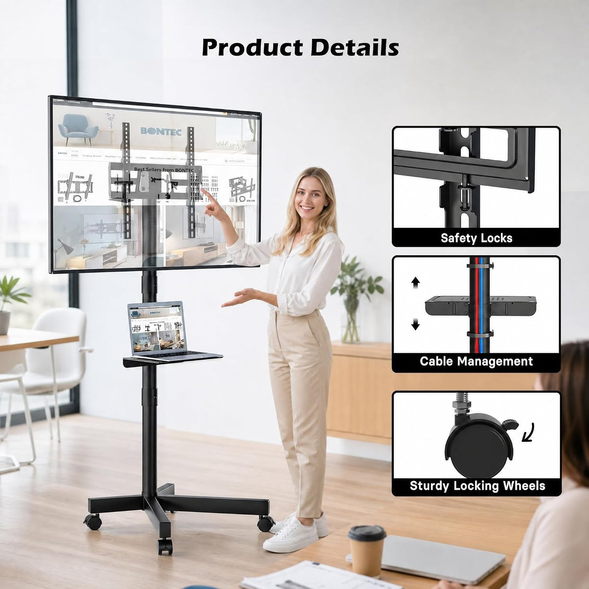 BONTEC Rolling TV Stand with Tilt,Mobile TV Stand Wheels for 23–65 Inch TVs