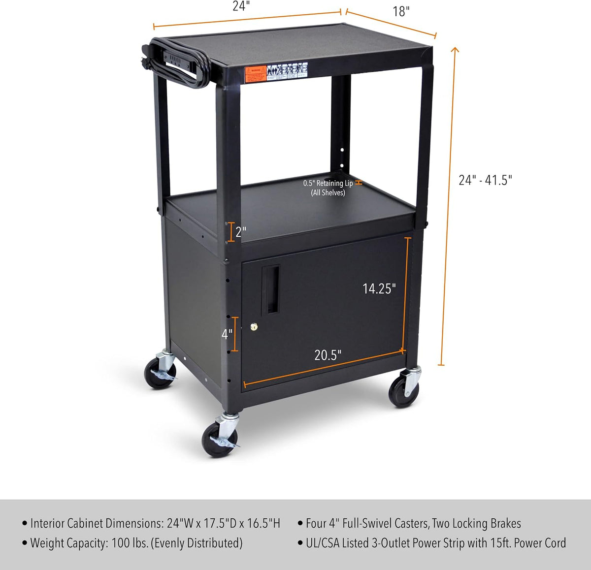 Line Leader AV Cart w/Locking Cabinet, Black Metal Utility Cart with Storage ...