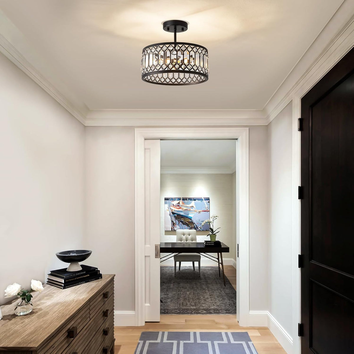 Pevfah Crystal Black Ceiling Light, 3-Light Semi Flush Light Fixture, 12 in