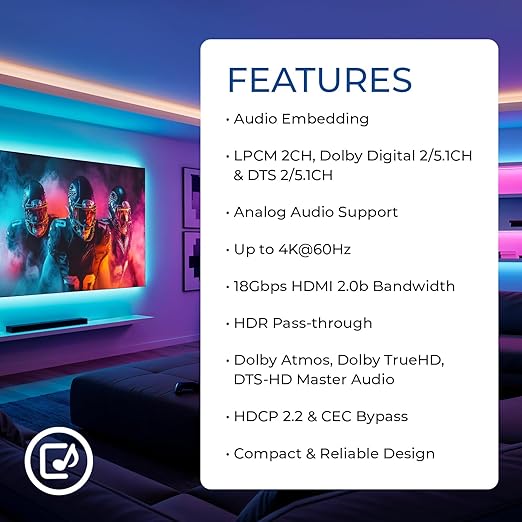 OREI 4K HDMI Audio Embedder, Audio Embedder Inserter Digital Analog Audi + DVI