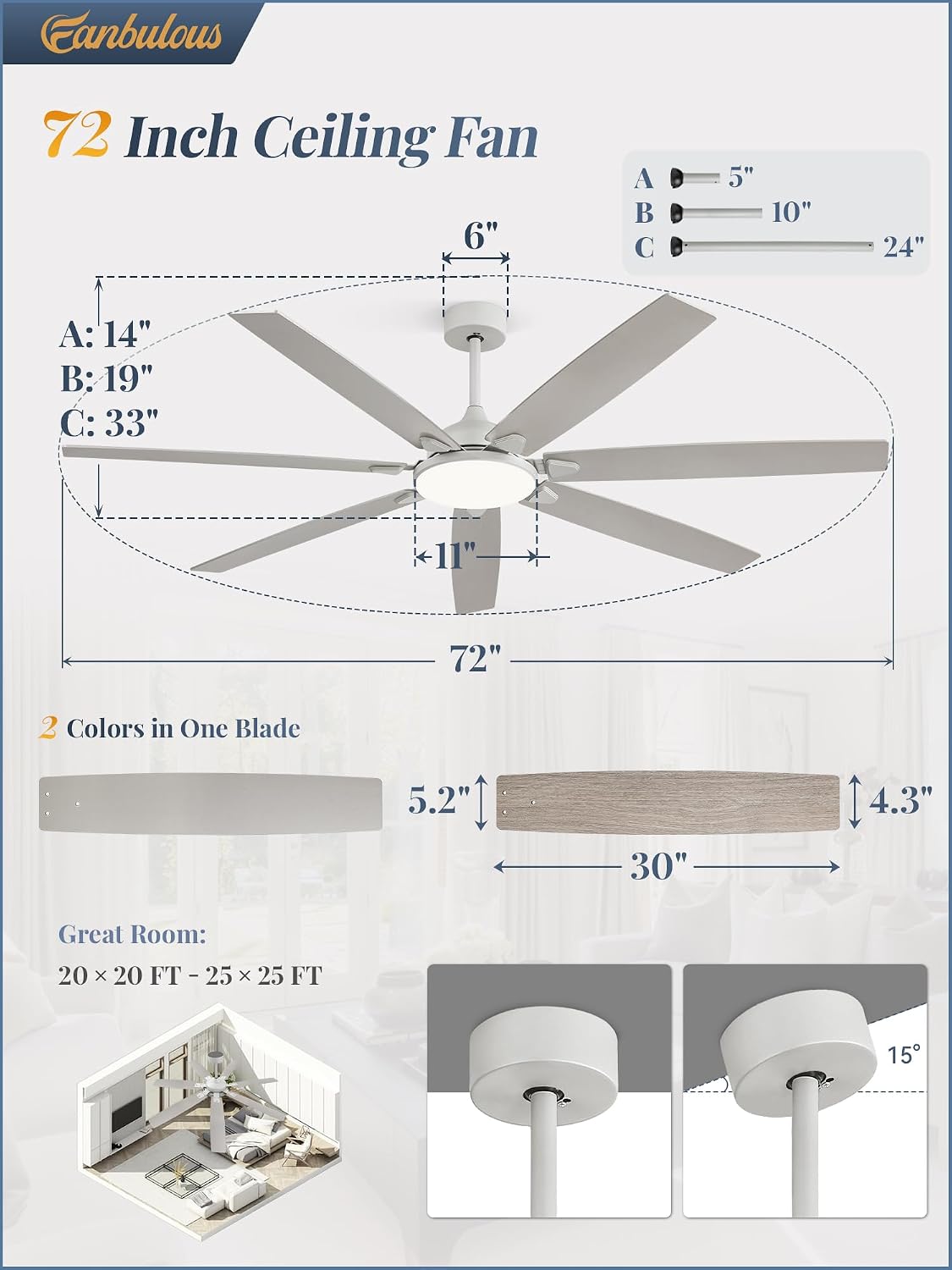 Fanbulous 72 Inch Large Ceiling Fans with Lights,Remote Control&3 Rods