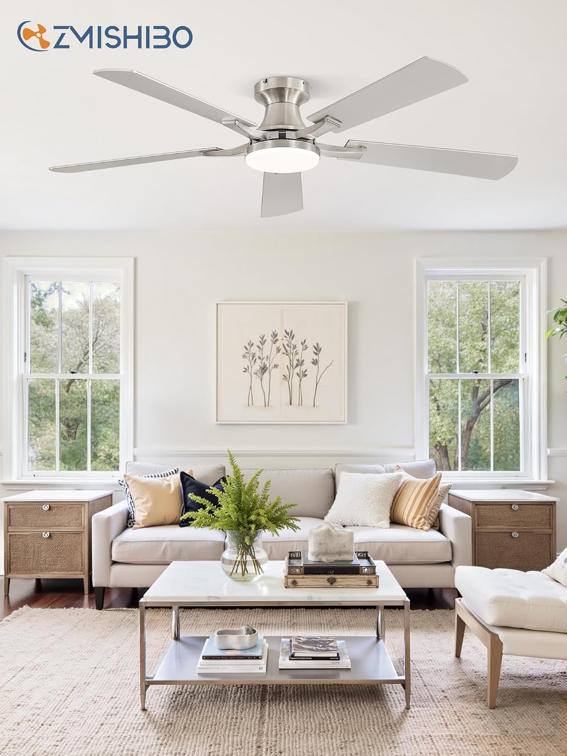 ZMISHIBO 52 Inch Ceiling Fans with Lights, Remote&App Control, Flush Mount