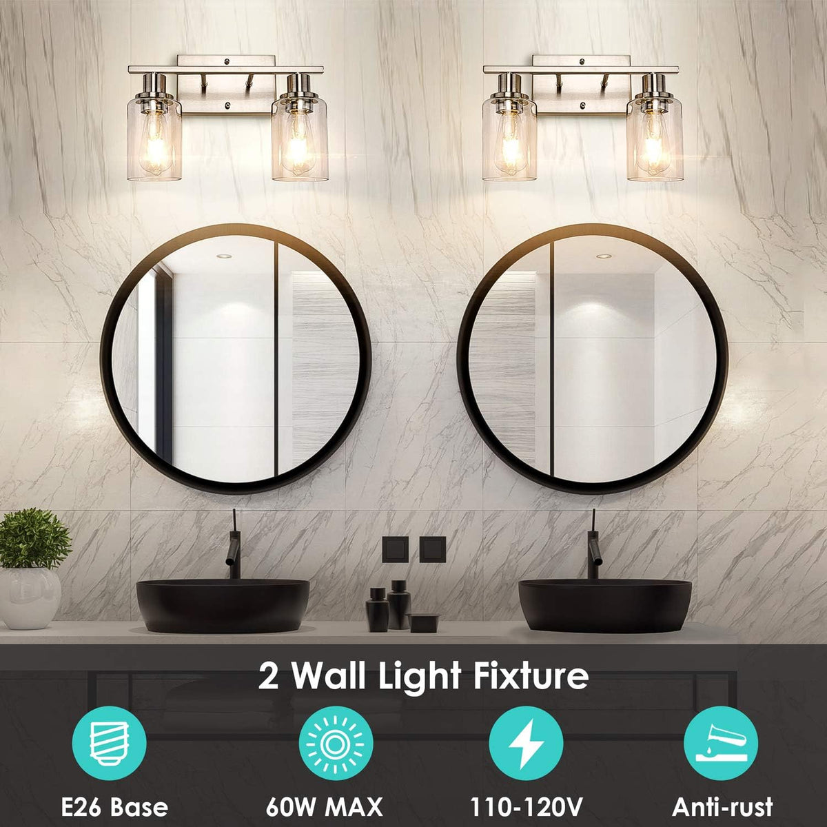 ShineTech 2-Light Bathroom Vanity Light, Brushed Nickel Modern Wall Sconce