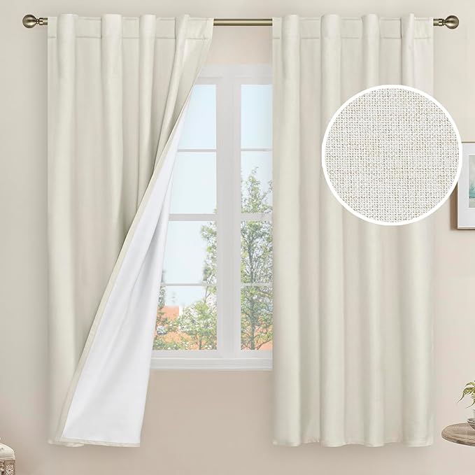 LAMIT Natural 100% Blackout Linen Curtains, 63 Inches Linen Textured Thermal