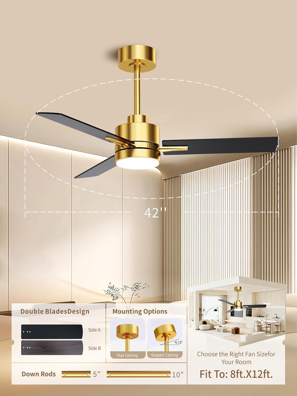 LANMEL Metal Ceiling Fan with Lights and Remote, 42 Inch, Gold & Black