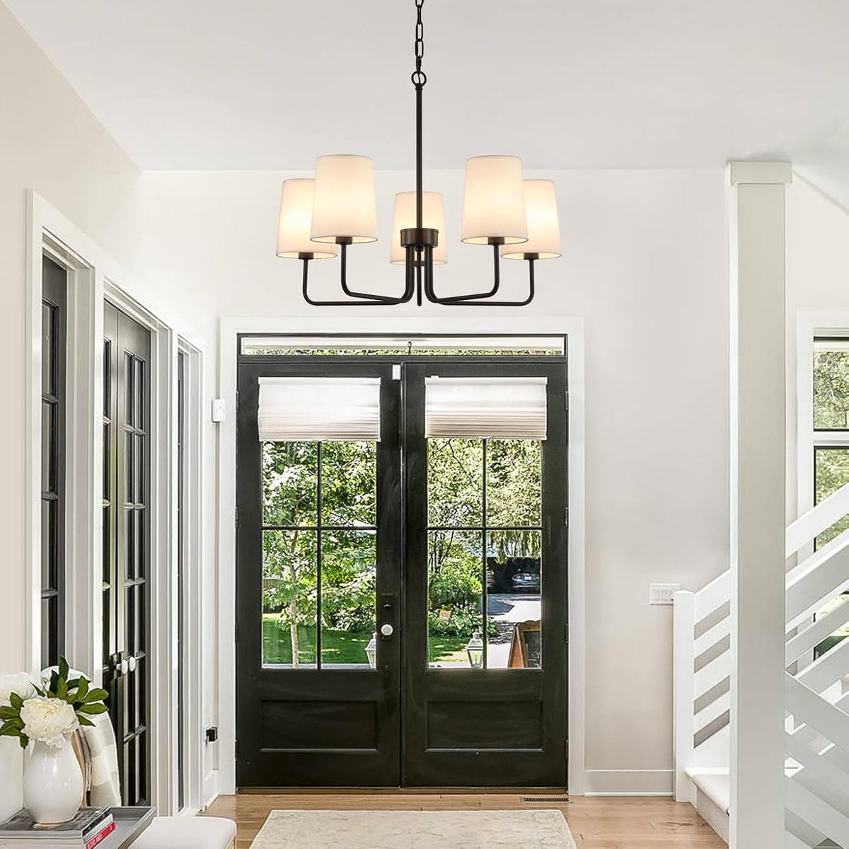 Farmhouse Chandelier, Matte Black with White Fabric Shade, Farmhouse Linear I...