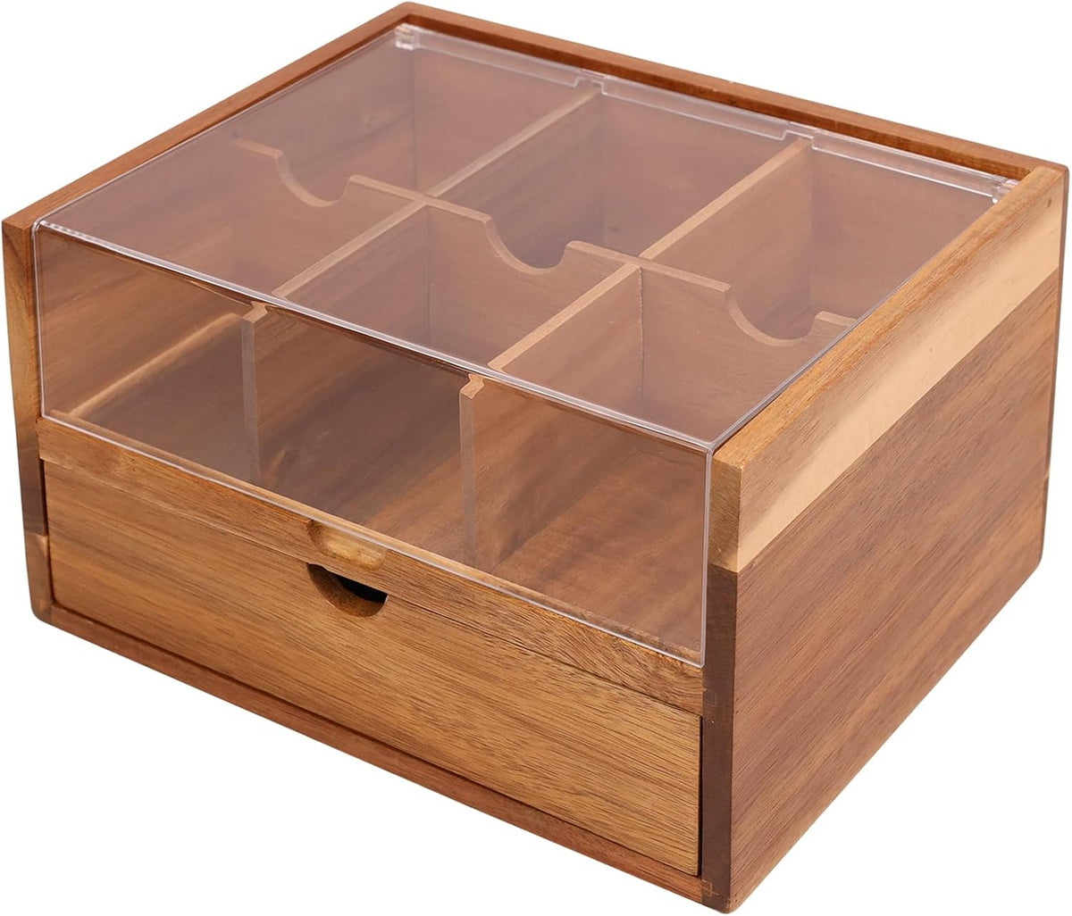 HTB Acacia Wood Tea Organizer 2 Tier with Drawer,Large Capacity