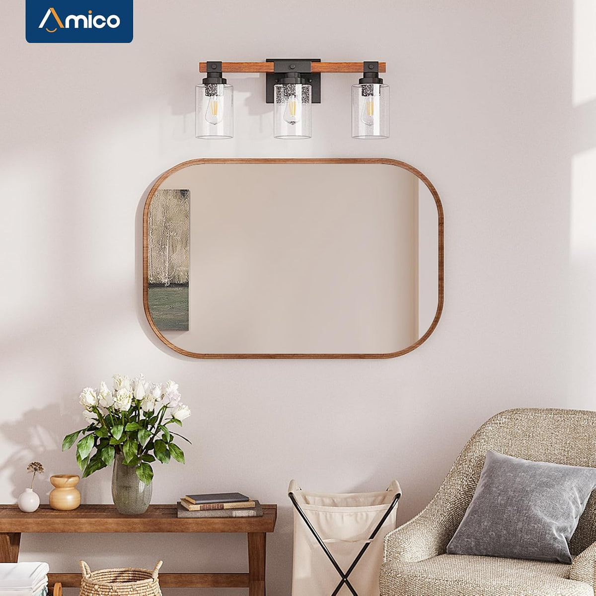 Amico 3-Light Farmhouse Bathroom Vanity Light, Seeded Glass, Black & Wood