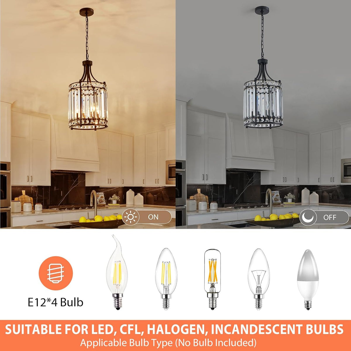 Lantern Crystal Chandeliers for Dining Room, Black 4 Light Farmhouse Geometri...