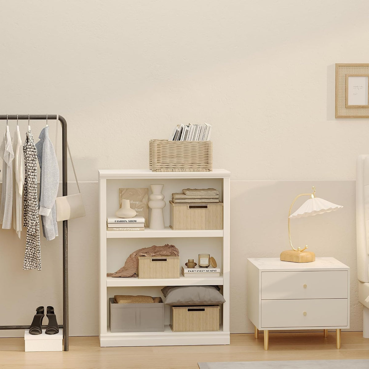 blini 3-Shelf Bookcase White Wooden Bookshelves 33in Wide Floor Standing Disp...