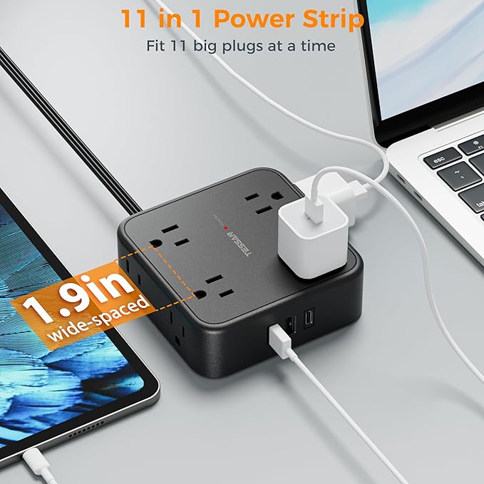 Long Extension Cord 25 FT, TESSAN Ultra Thin Flat Plug Power Strip Surge