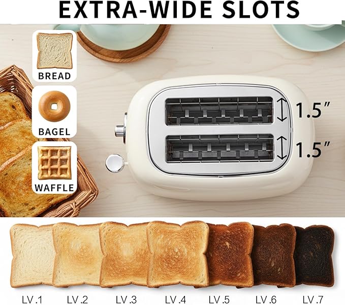 2-Slice Toaster, Wide Slots, 7 Bread Shade Settings, Stainless Steel, and