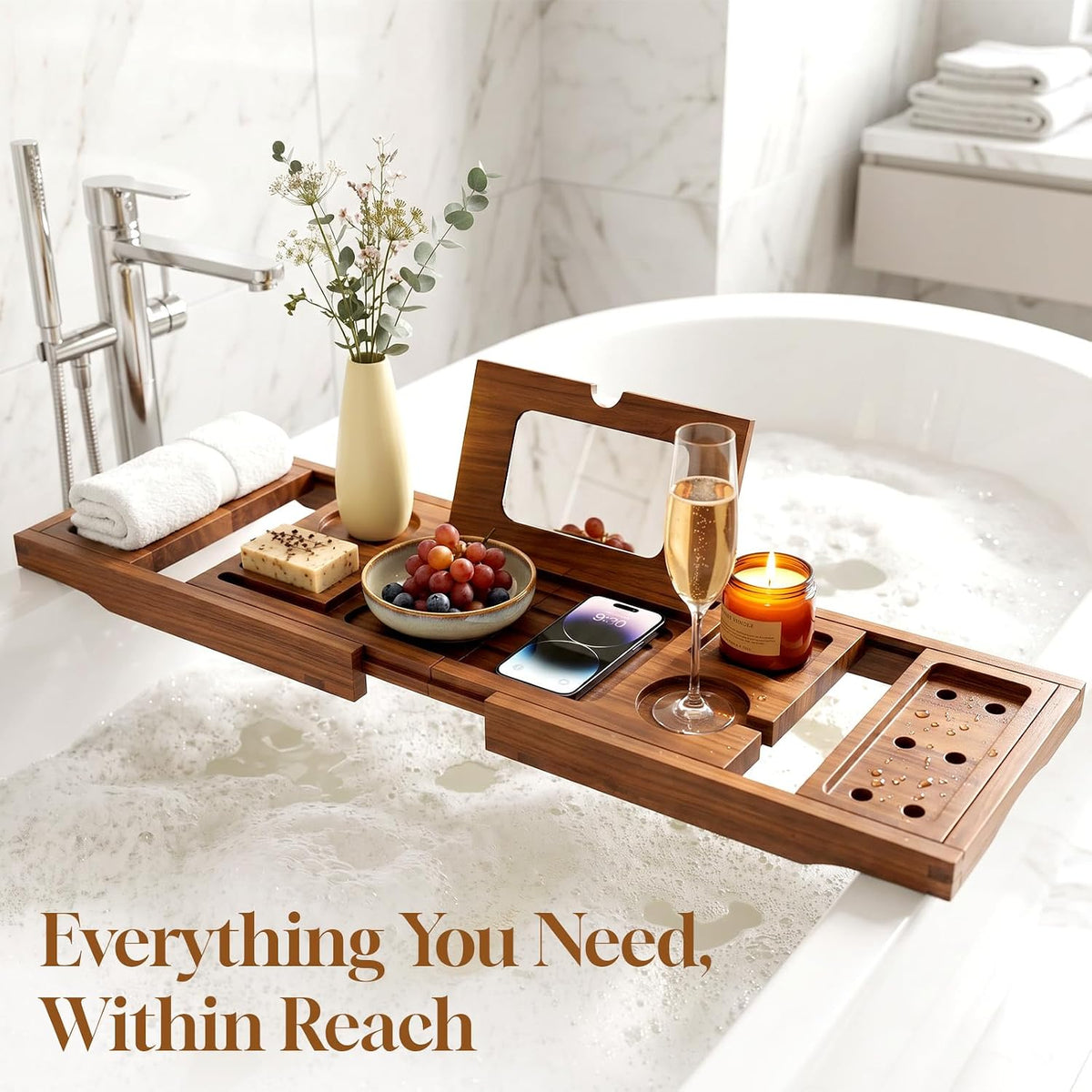 Acacia Bathtub Tray, Foldable & Extendable Bath Caddy with Non-Slip Desig...