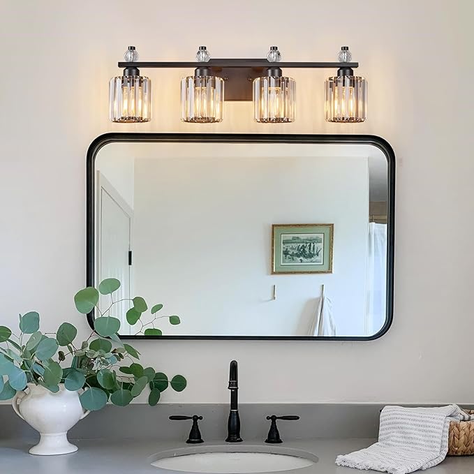 FDPBY Bathroom Vanity Lights 4-Light Sand Black Modern Crystal Vanity Light