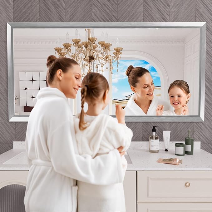 Amorho 72 X36 Inch Bathroom Mirror Silver, Thick Metal Framed Wall Mirrors