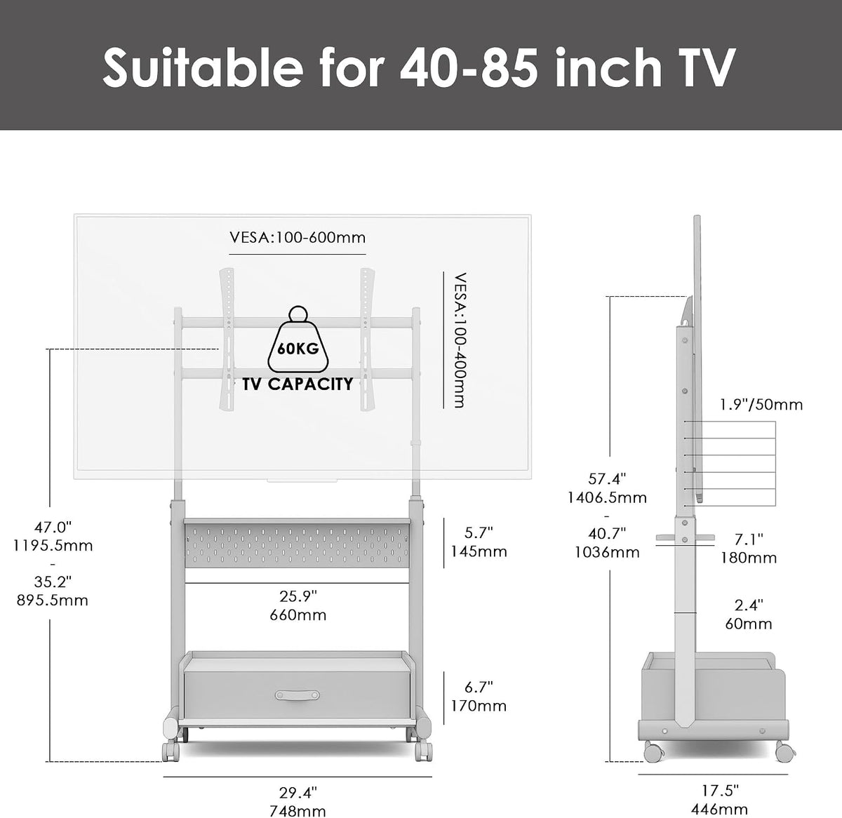 FITUEYES Rolling TV Stand on Wheels Lockable for 40-85 Inch TVs, Black