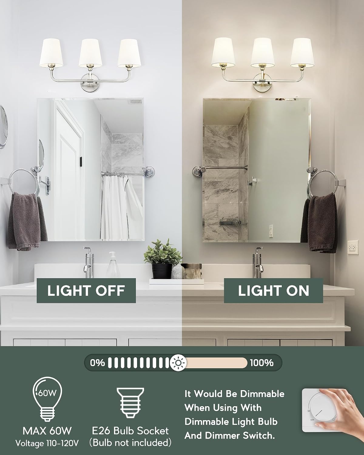 Bathroom Light Fixtures, Brushed Nickel Vanity Lights with Flared White Fabri...