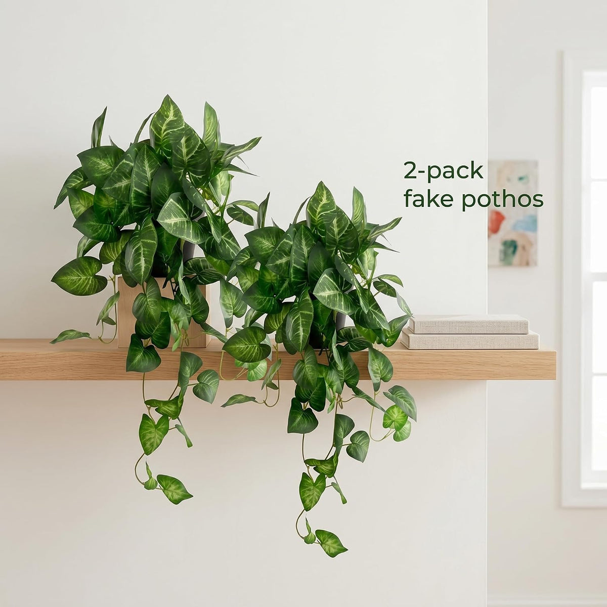 Artificial Pothos Hanging Plant, 25" Set of 2 Faux Ivy Vines with Pots