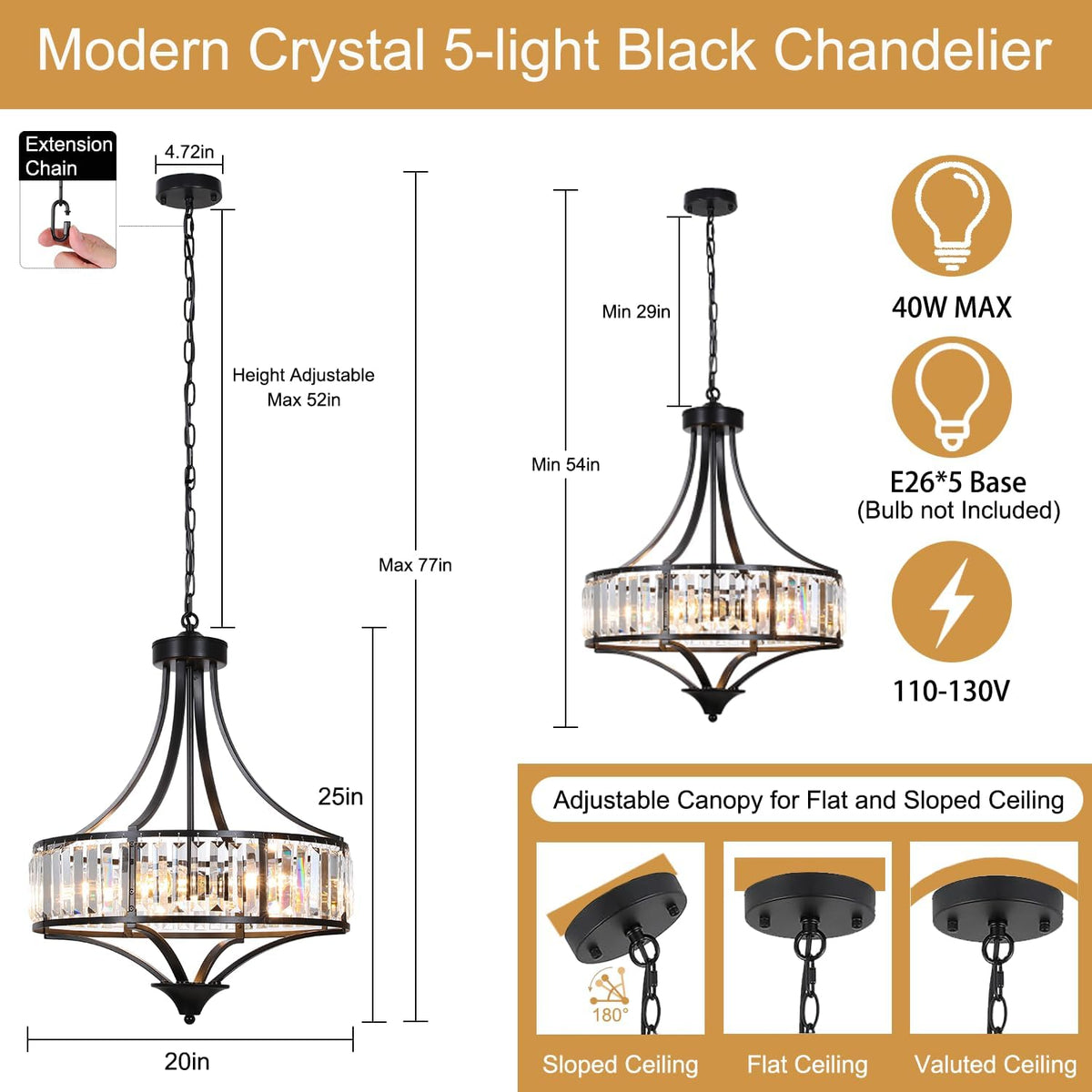 5-Light Black Crystal Chandelier, Modern Farmhouse Dining Room Light Fixture ...