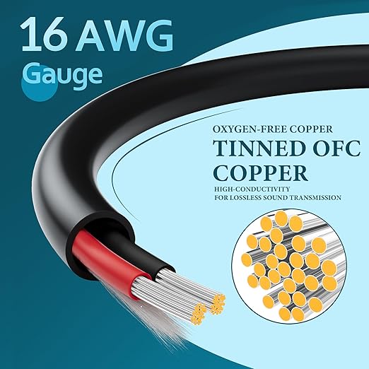 HiFind 16/2 Gauge Speaker Wire Cable 100 Ft-Tinned OFC Copper-UL CL3 Rated-