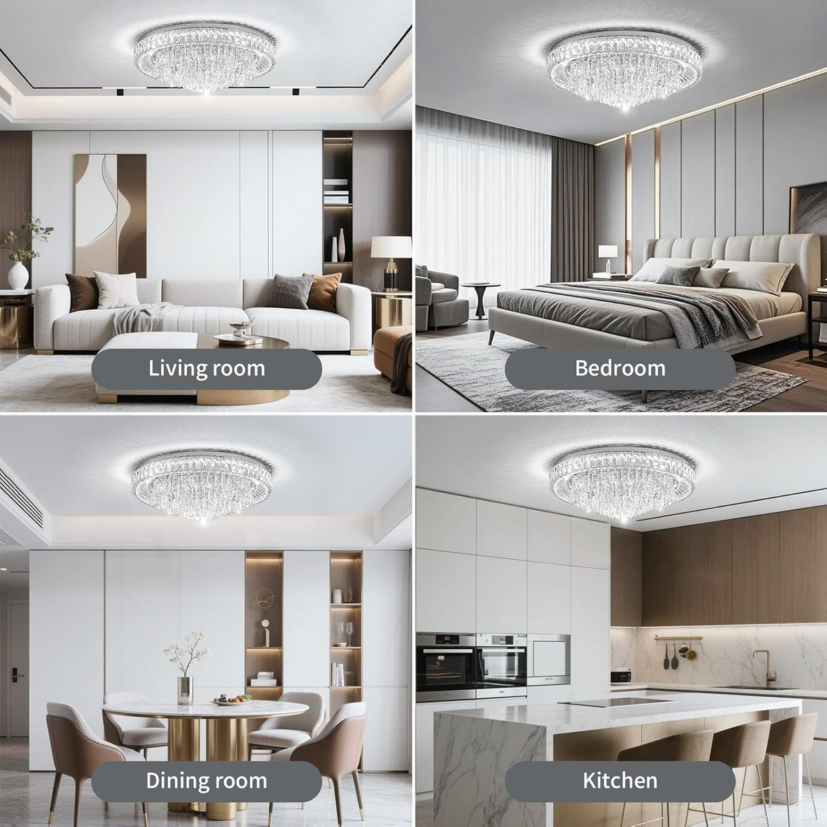 30" Ceiling Silver Crystal Chandeliers: Dimmable 3CCT LED Light with Remote