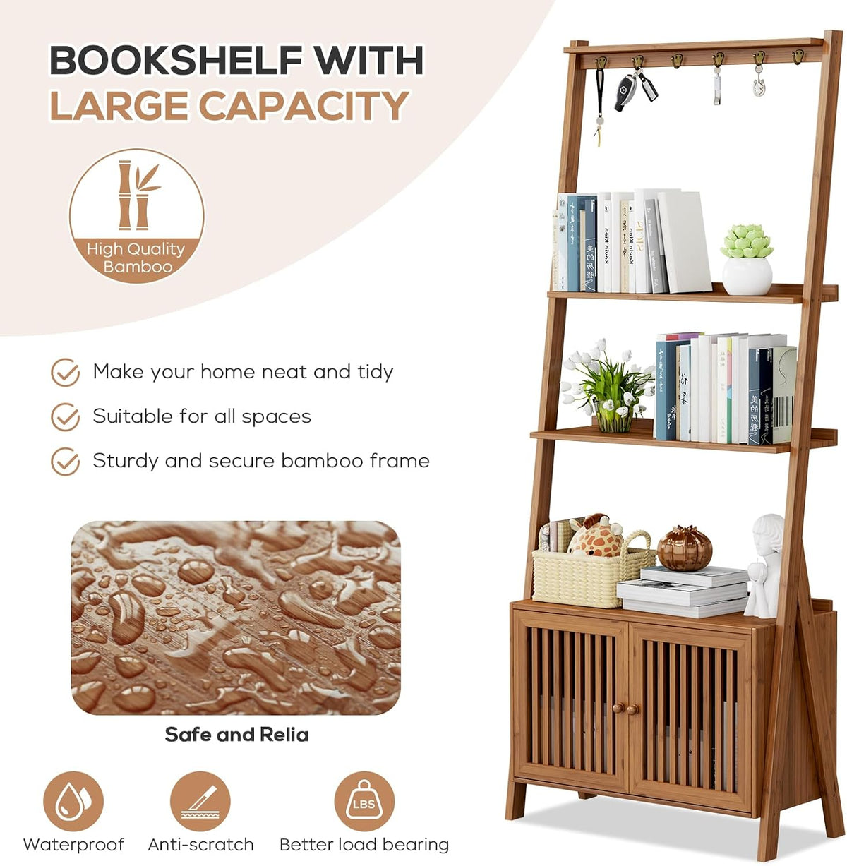 Bookcase with Drawers, Ladder Shelf 4-Tier Bamboo Bookshelf with 6 Hooks