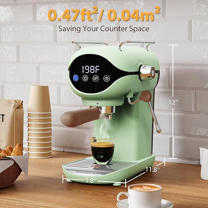 Espresso Machine with Steam Milk Frother Semi Automatic 20 Bar Compact Green