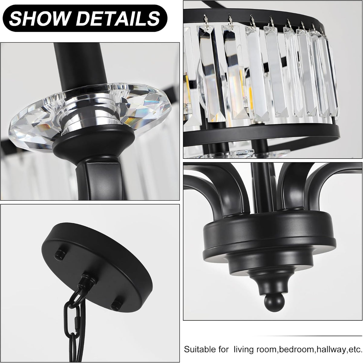 Modern Black Crystal Chandelier,5-Light Farmhouse Dining Room Light Fixture O...