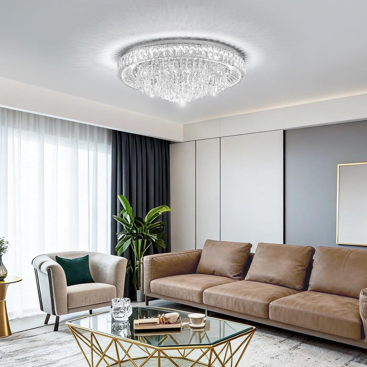 30" Ceiling Silver Crystal Chandeliers: Dimmable 3CCT LED Light with Remote