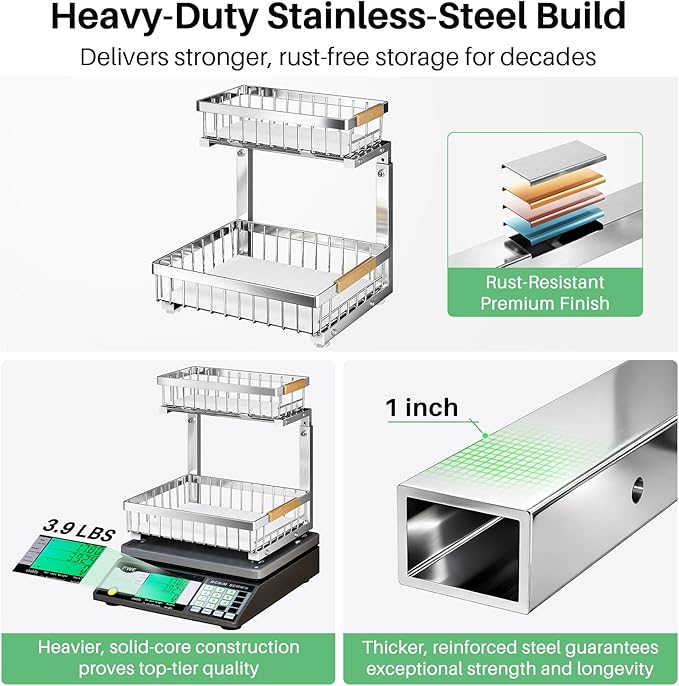 Under Sink Organizer, Stainless Steel 1-Pack 2 Tier Under Sink Organizers and