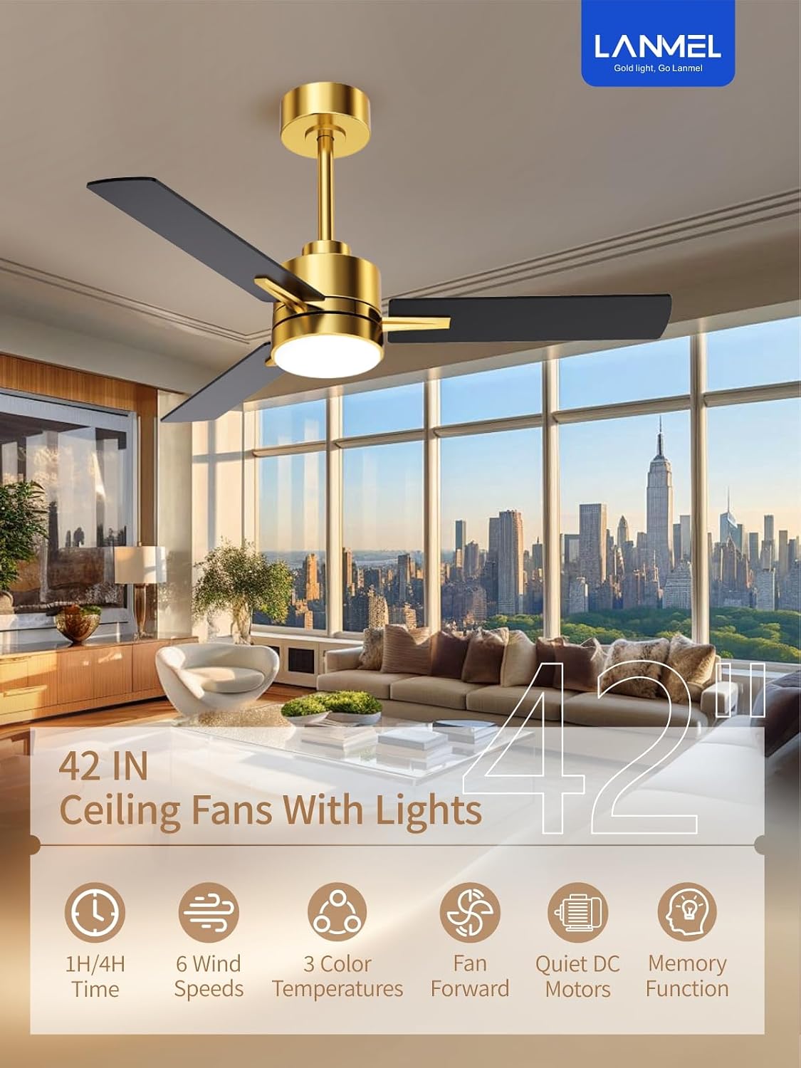 LANMEL Metal Ceiling Fan with Lights and Remote, 42 Inch, Gold & Black