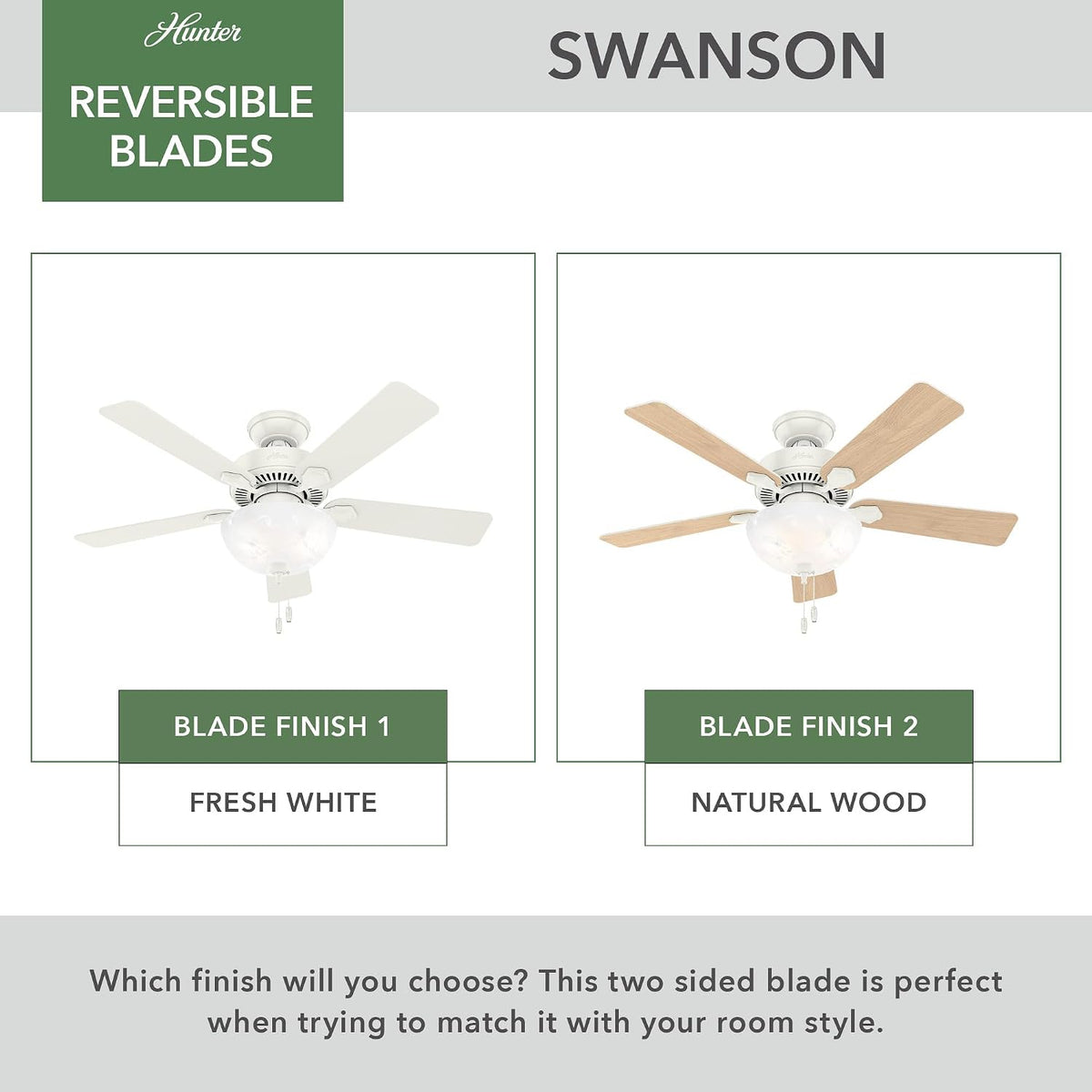Hunter Swanson, Indoor, Ceiling Fan, with LED Light, 44 inch, Fresh White