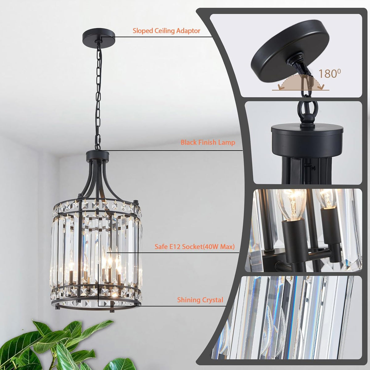 Lantern Crystal Chandeliers for Dining Room, Black 4 Light Farmhouse Geometri...
