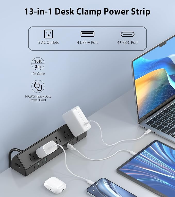 45W Fast Charging Station, Desk Clamp Power Strip, 4 PD USB-C Ports, 5 AC