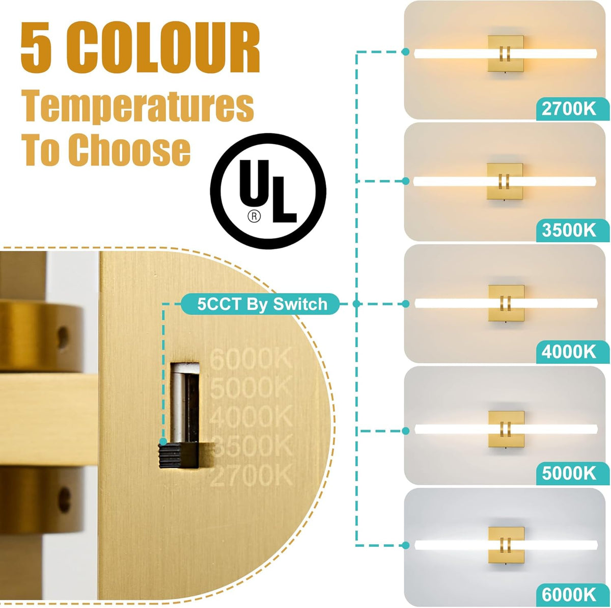 Gold Bathroom Light Fixture LED Vanity Light 22" 5CCT Wall Sconce