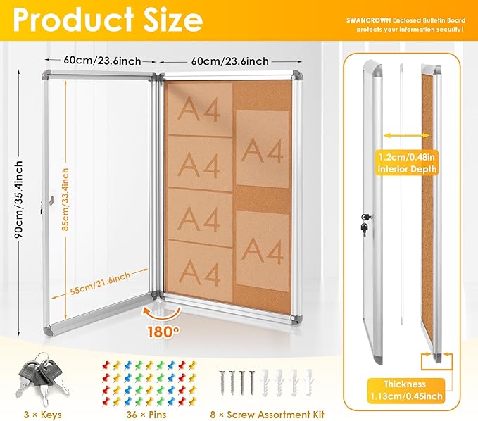 SWANCROWN Enclosed Bulletin Cork Board 36x24 in, Lockable Bulletin Board