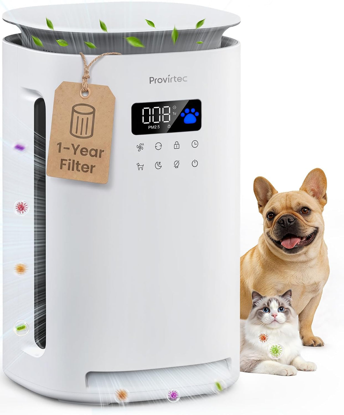 Provirtec Pet Air Purifier for Home with H13 HEPA, 2 Washable Pre-Filters