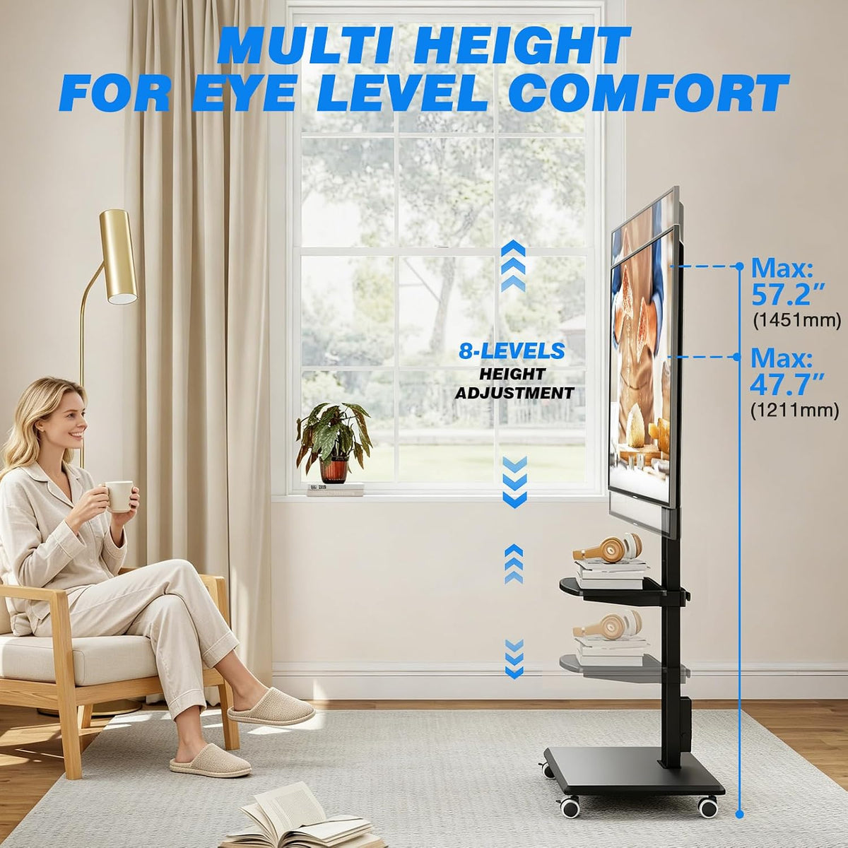 Rfiver Rolling TV Stand 32-75 Inch with Power Outlet and Shelf, Black