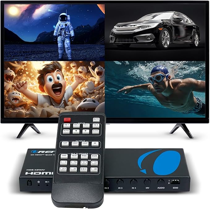 OREI Quad Multi HDMI Viewer 4 in 1 Out HDMI Switcher 4 Ports Seamless Switcher