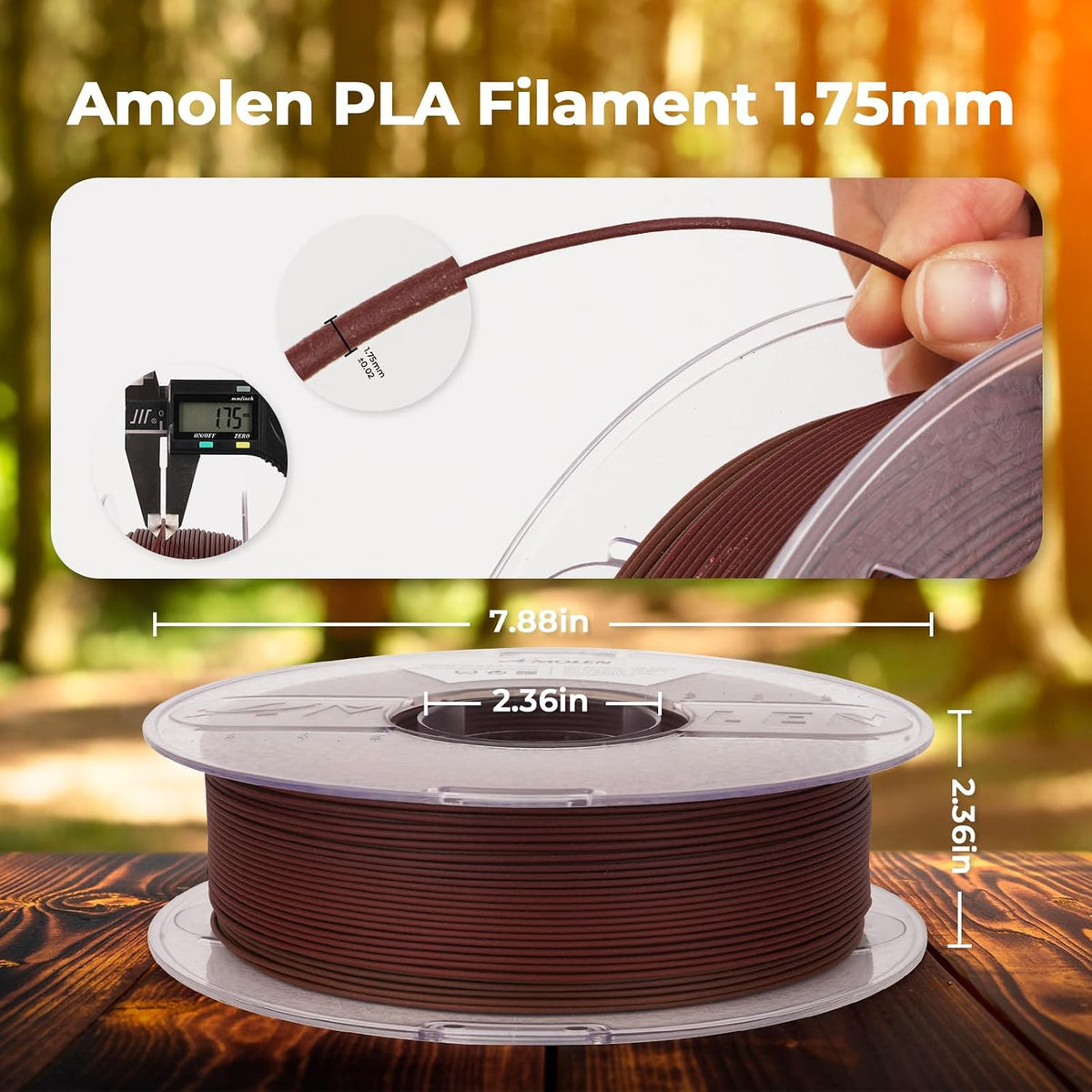 AMOLEN Wood PLA 3D Printer Filament 1.75mm Dark Wood Rainbow 1KG