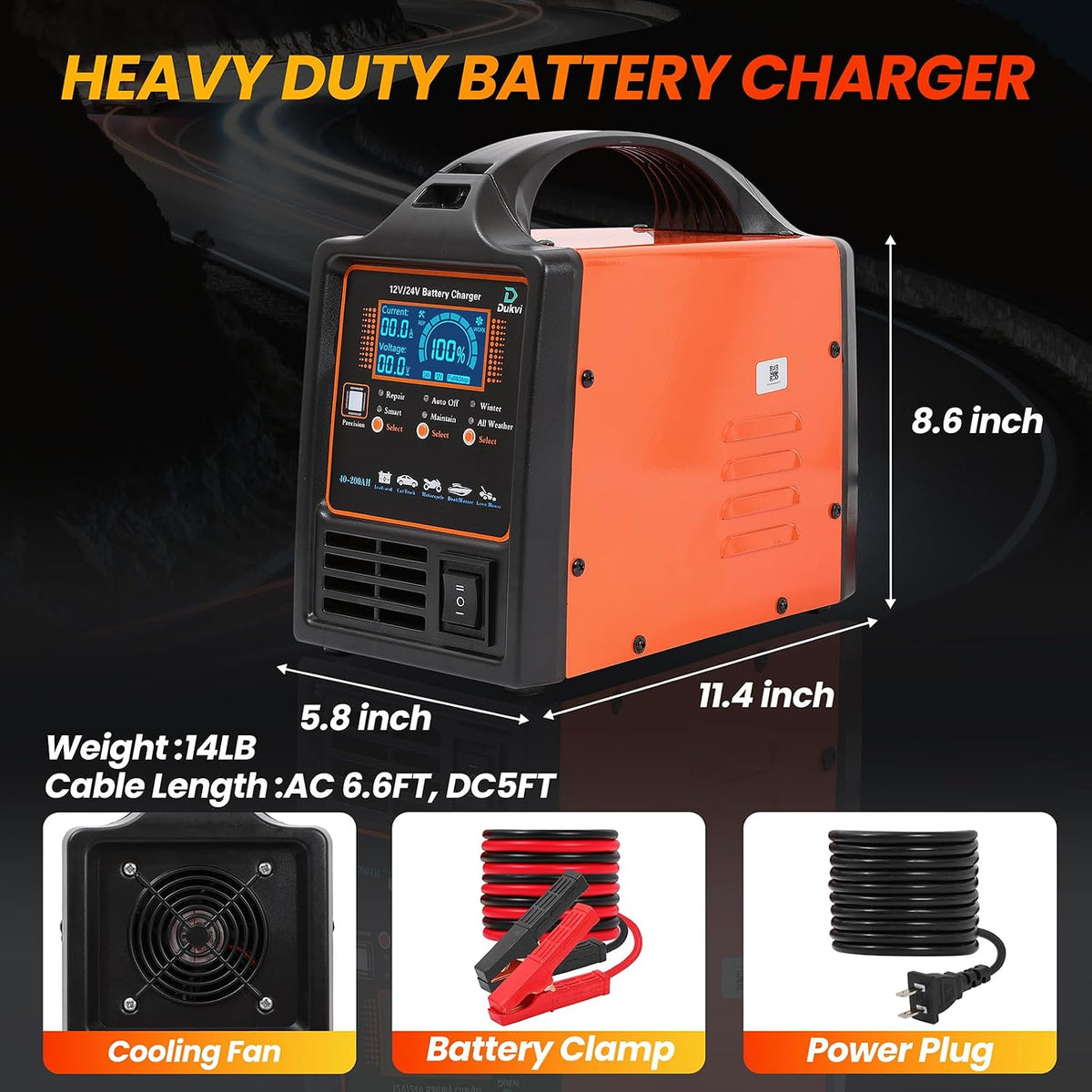 12V 24V Heavy‑Duty Car Battery Charger,15A Trickle Maintainer with Repair