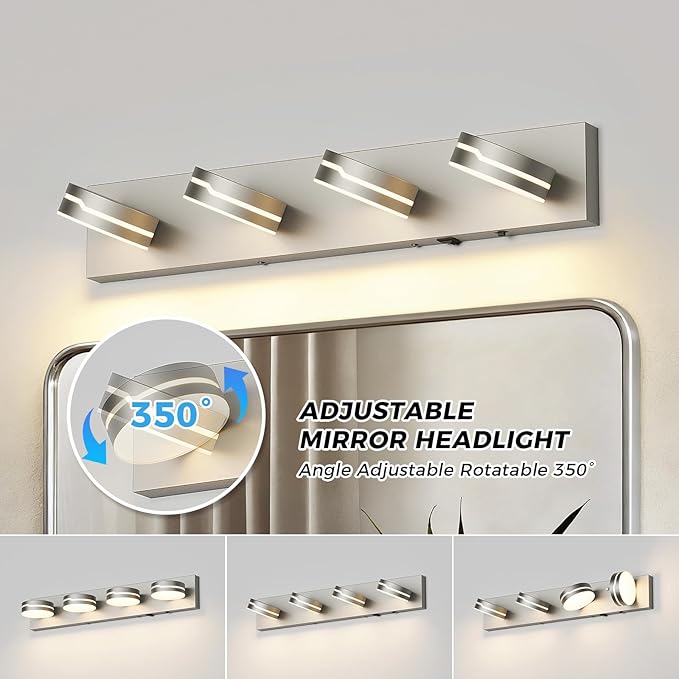 26" Motion Sensor Vanity Light Brushed Nickel, 3CCT 4-Light Modern LED B...