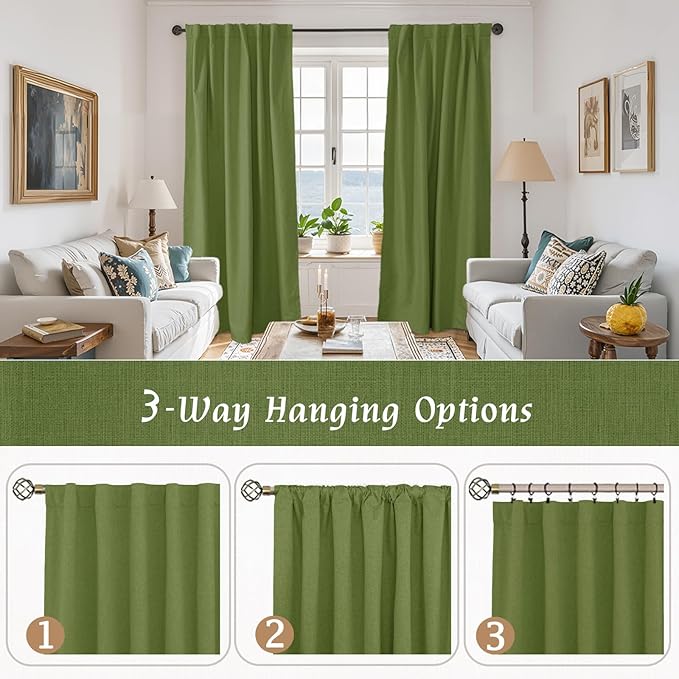 LAMIT 100% Blackout Linen Curtains 63 Inches Long, Linen Textured Living Room