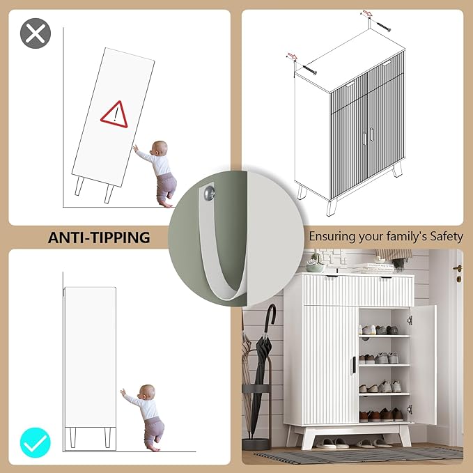 Shoe Cabinet Storage for Entryway, 4 Tier Fluted Shoe Storage Cabinet