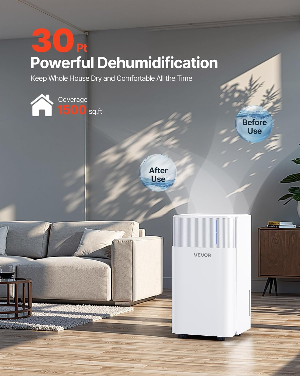 VEVOR Dehumidifier 30 Pints 1500 Sq.Ft Smart Humidity Control for Home